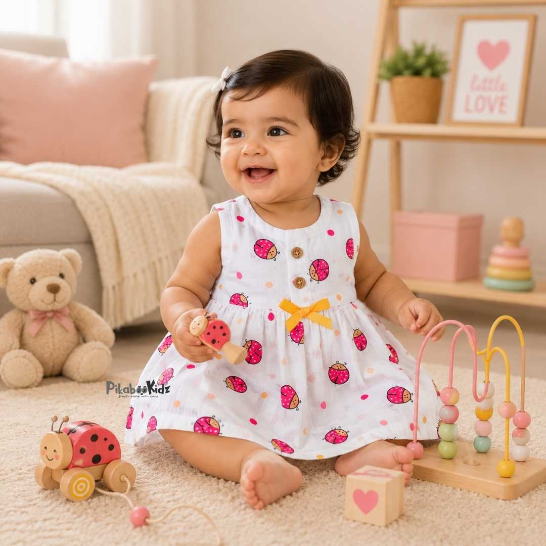 Muslin Button Frock with bow - Bugs