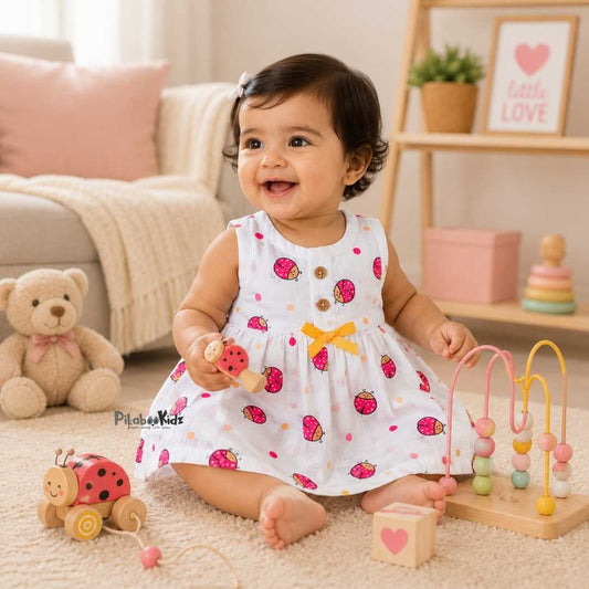 Muslin Button Frock with bow - Bugs