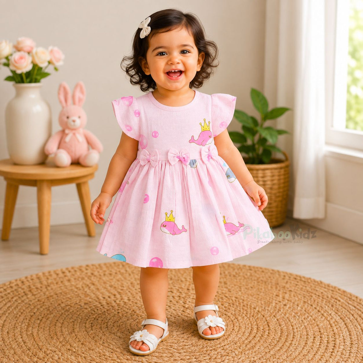 Muslin sleeve frock with bow & backtie - Princess whale