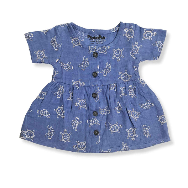 Muslin Button Sleeve Frock - Denim blue