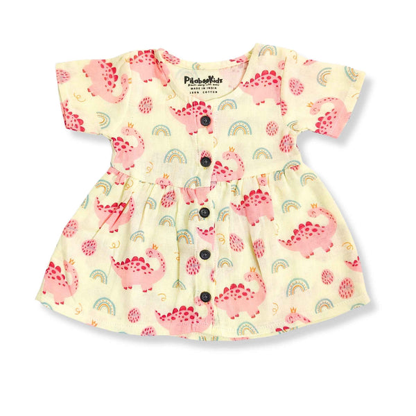 Muslin Button Sleeve Frock - Cute Dinos