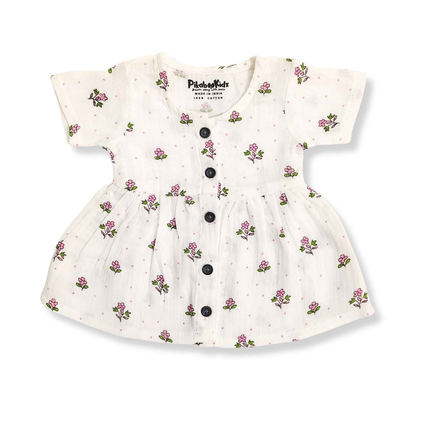 Muslin Button Sleeve Frock - Purple flowers