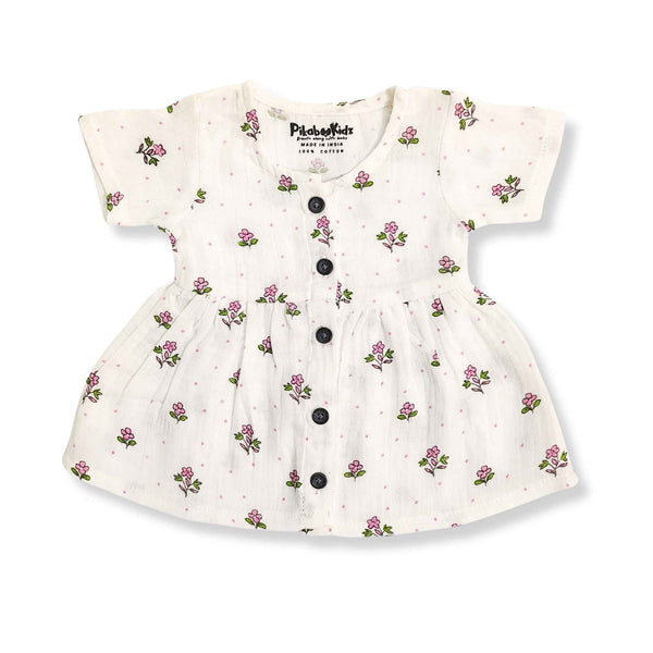 Muslin Button Sleeve Frock - Purple flowers