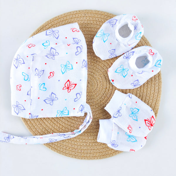 Muslin Cap mittens Booties – Butterfly