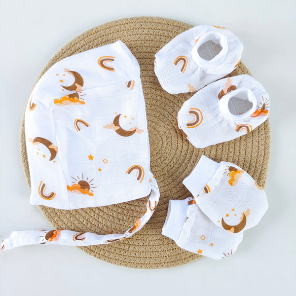 Muslin Cap mittens Booties – Star sun moon
