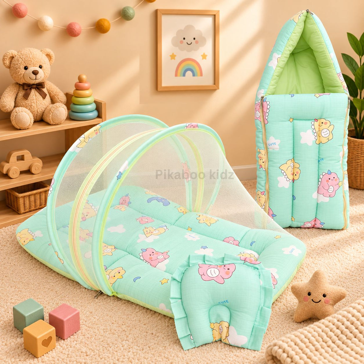 Muslin Carry Nest + Net Bed Combo - Green Dino
