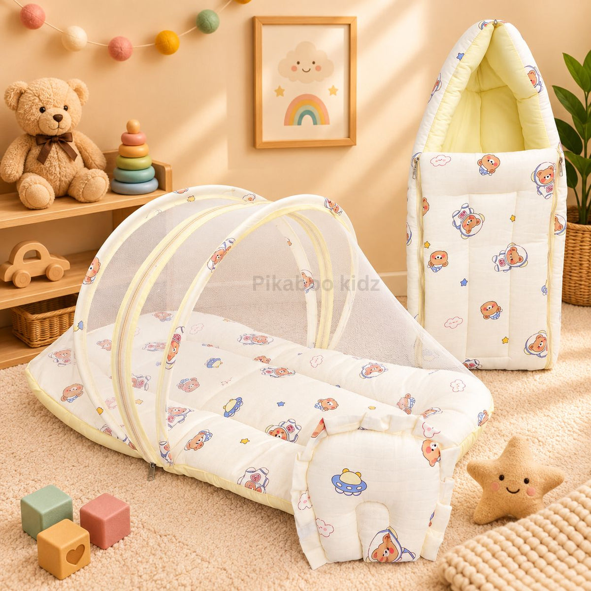 Muslin Carry Nest + Net Bed Combo - Space teddy