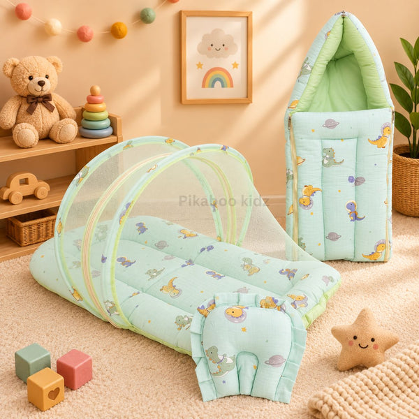 Muslin Carry Nest + Net Bed Combo - Cute Green Dino