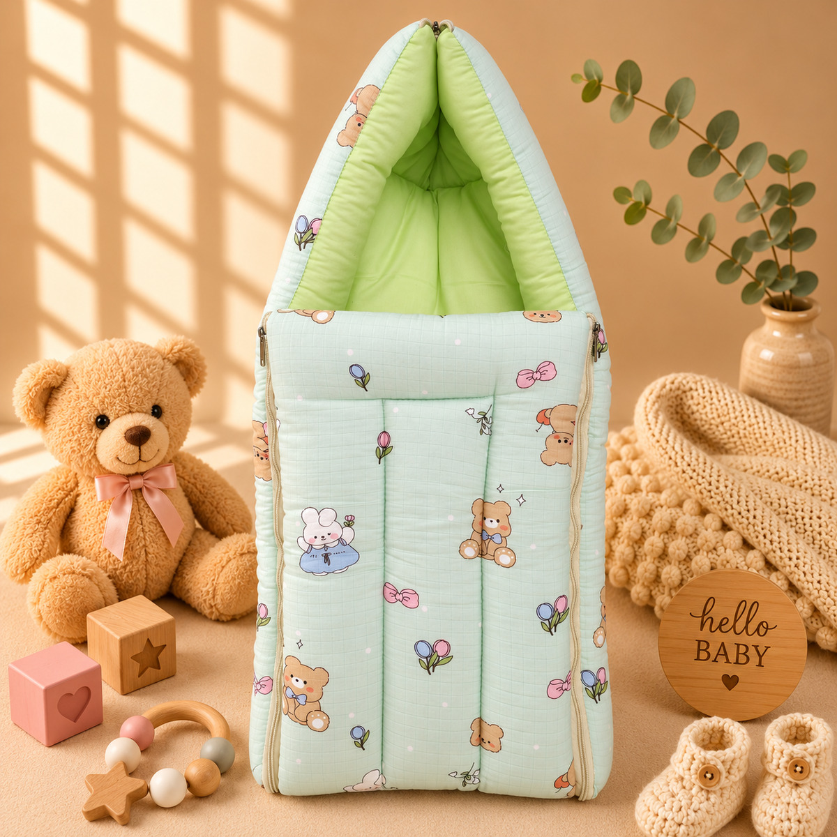 Muslin Carry Nest - green teddy