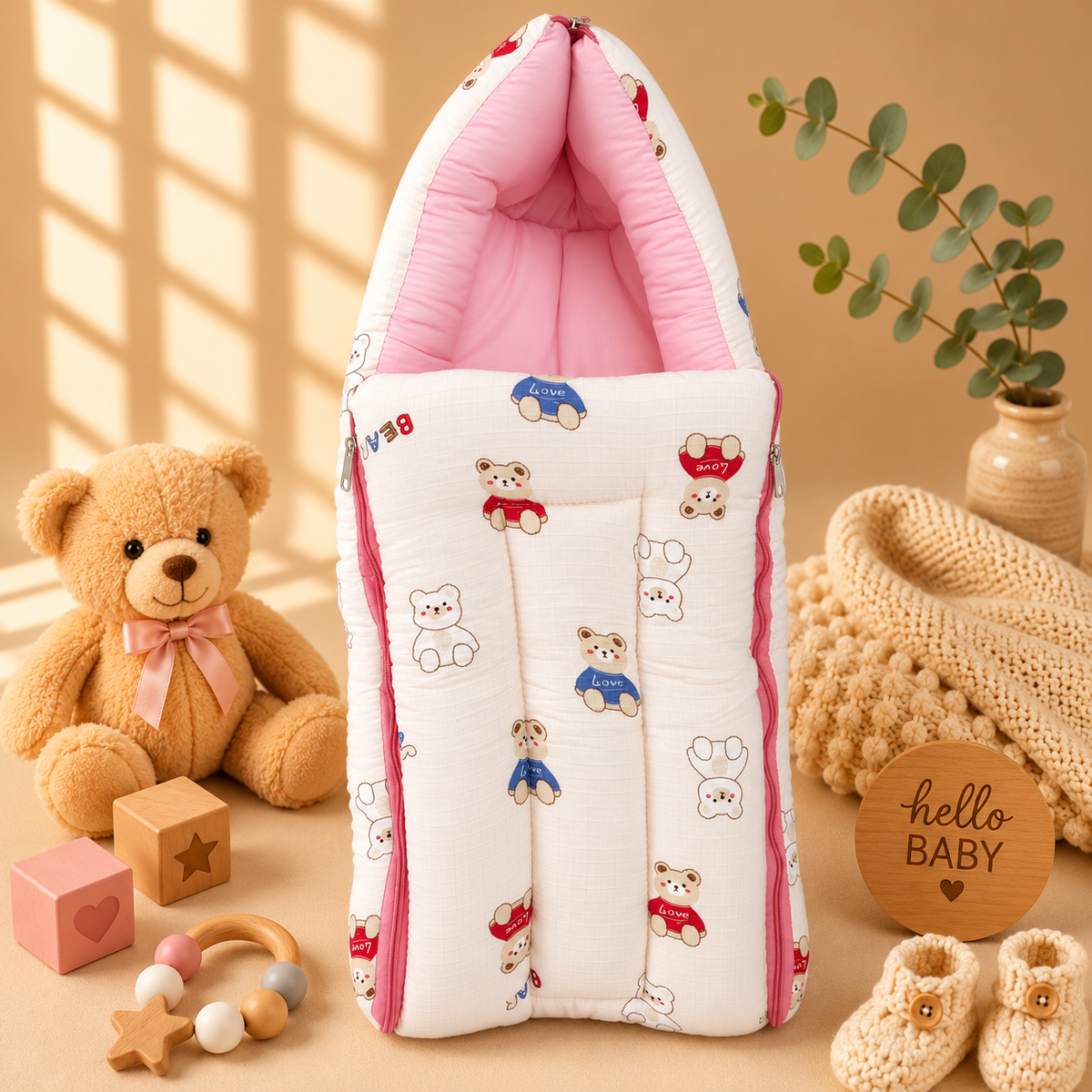 Muslin Carry Nest - pink teddy