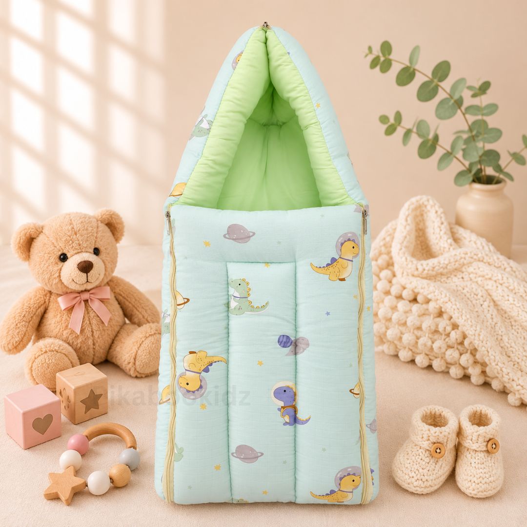 Muslin Carry Nest + Net Bed Combo - Cute Green Dino