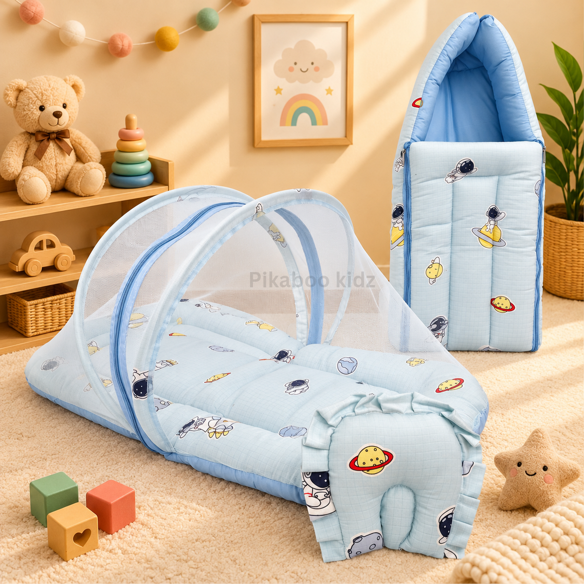 Muslin Carry Nest + Net Bed Combo - Blue space