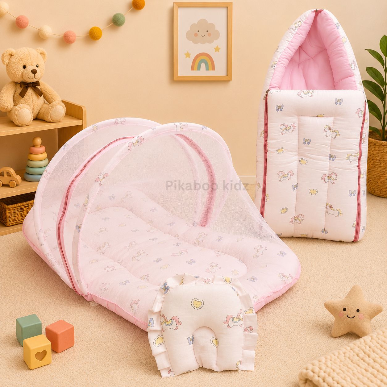 Muslin Carry Nest + Net Bed Combo - Pink