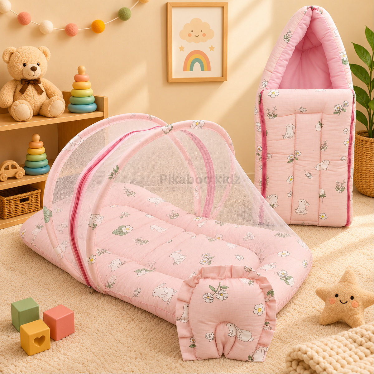 Muslin Carry Nest + Net Bed Combo - Pink bunny