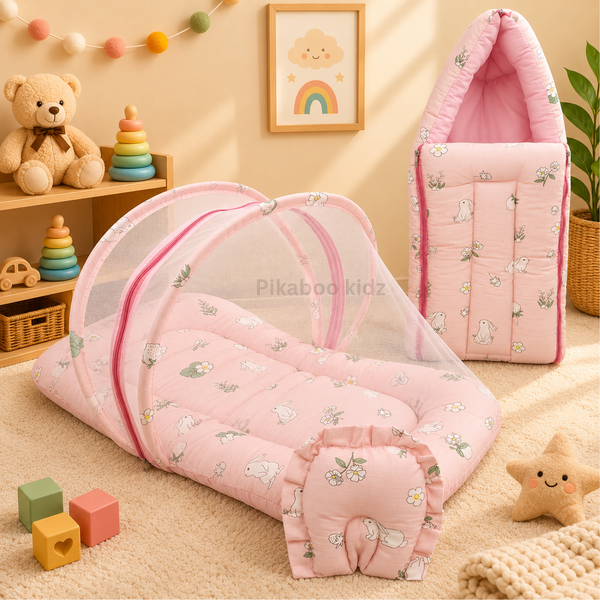 Muslin Carry Nest + Net Bed Combo - Pink bunny