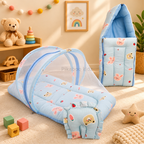 Muslin Carry Nest + Net Bed Combo - Blue bunny
