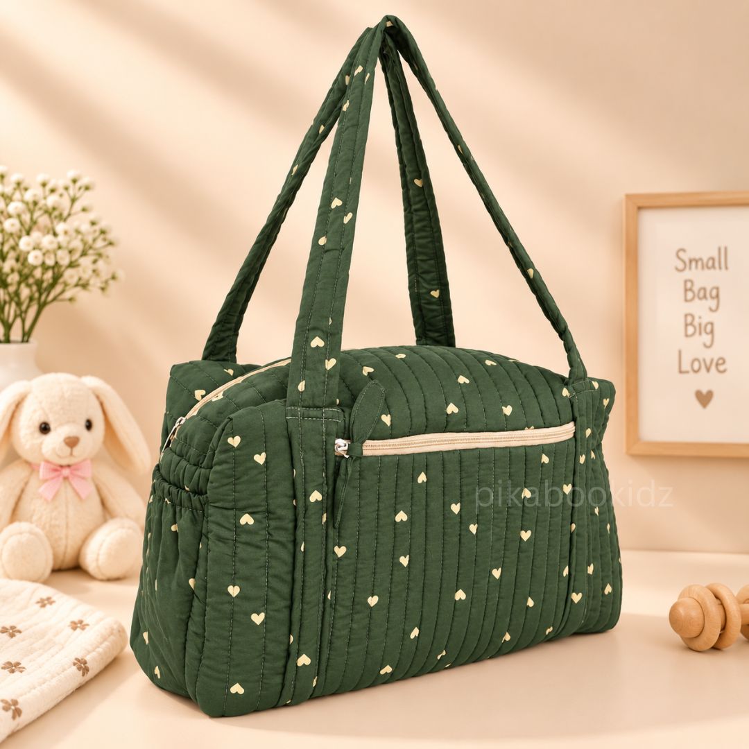 Olive green Heart Muslin Diaper Bag for Newborn | Pikaboo Kidz