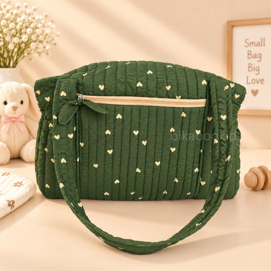 Olive green Heart Muslin Diaper Bag for Newborn | Pikaboo Kidz