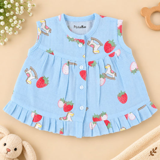 Muslin Button frock 0-6M - strawberry blue
