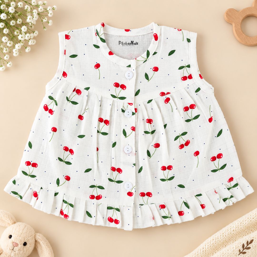 Muslin Button frock 0-6M - cherry