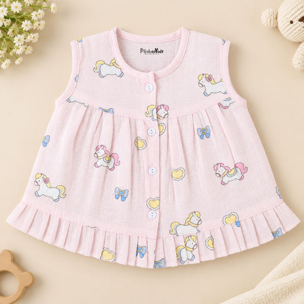 Muslin Button frock 0-6M - unicorns