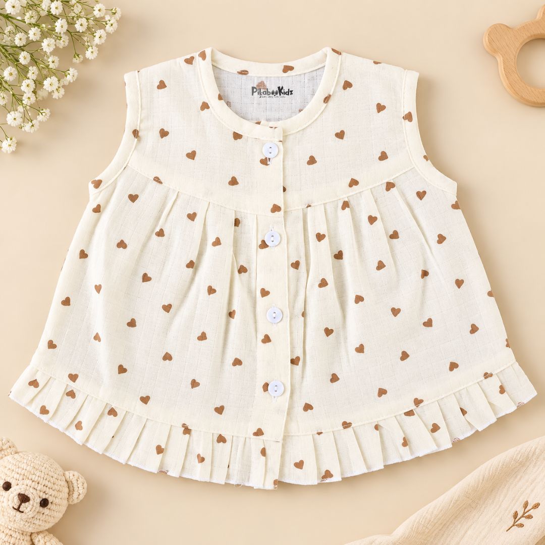 Muslin Button frock 0-6M - Brown hearts