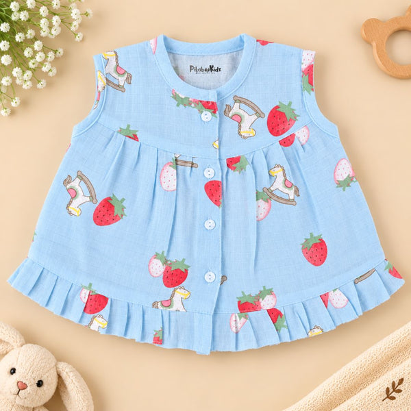 Muslin Button frock 0-6M - strawberry blue