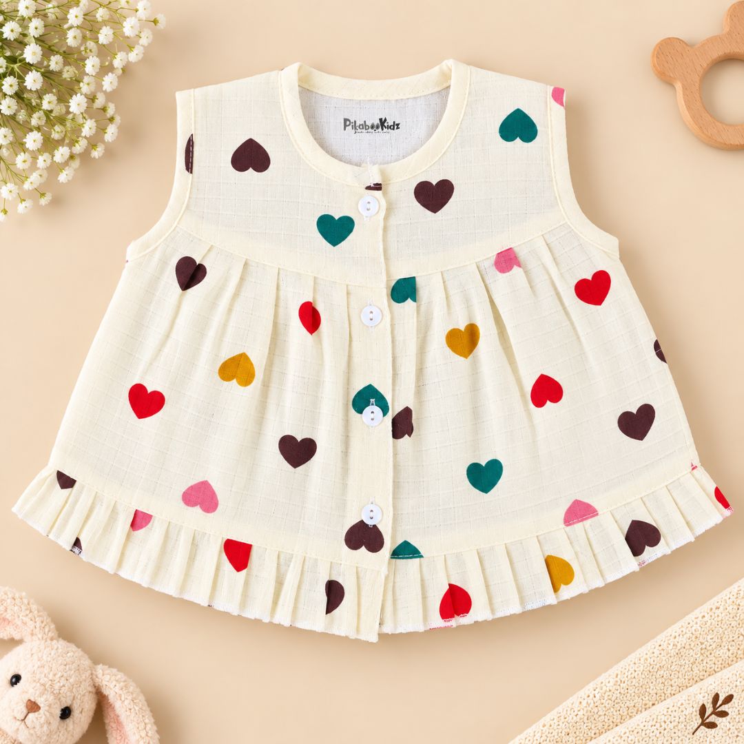 Muslin Button frock 0-6M - Hearts colorful