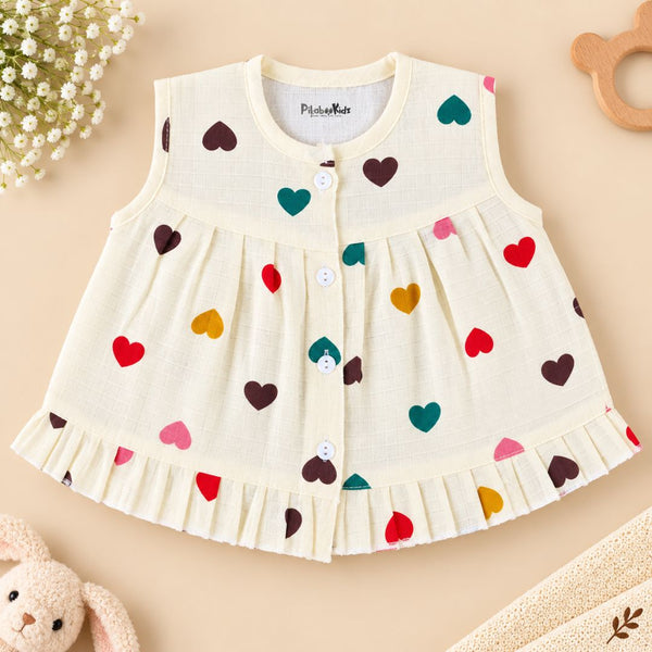 Muslin Button frock 0-6M - Hearts colorful