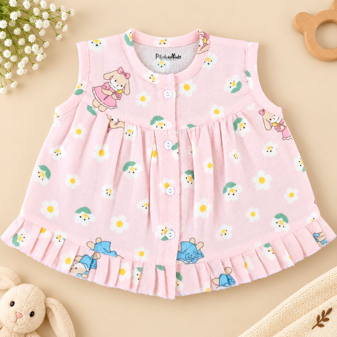 Muslin Button frock 0-6M - Pink cute bunny