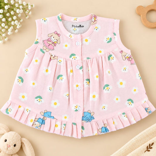 Muslin Button frock 0-6M - Pink cute bunny