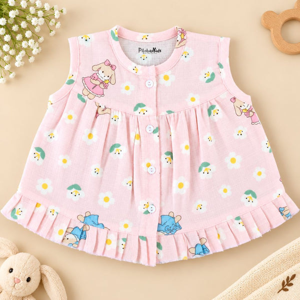 Muslin Button frock 0-6M - Pink cute bunny
