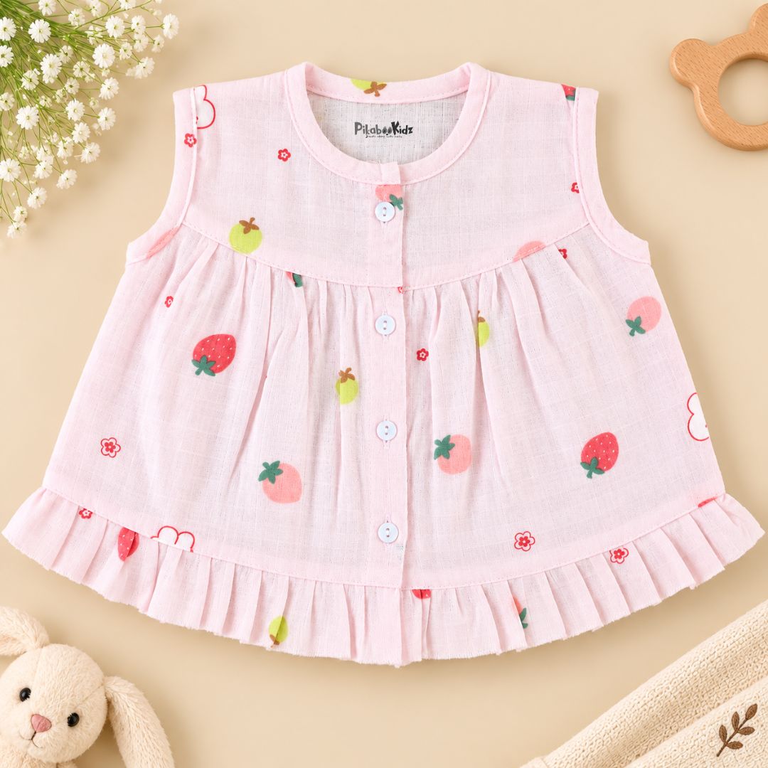 Muslin Button frock 0-6M - Pink Strawberry