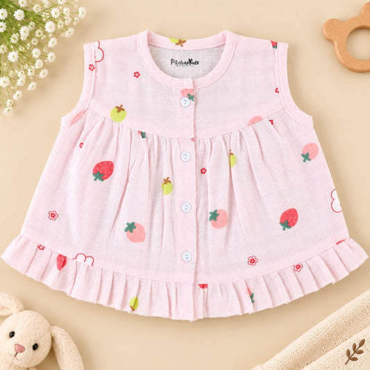 Muslin Button frock 0-6M - Pink Strawberry