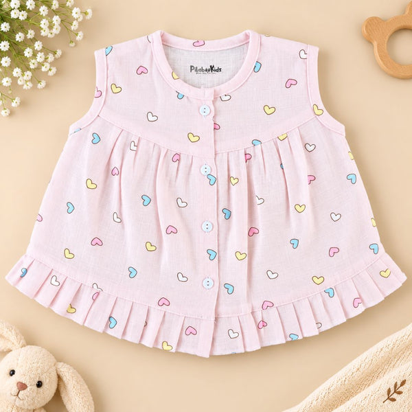 Muslin Button frock 0-6M - pink hearts