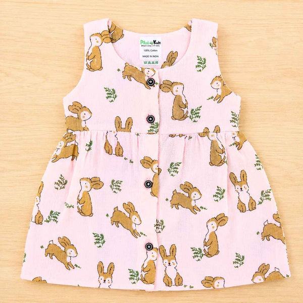 Muslin Button Sleeveless Frock - Peach Bunny