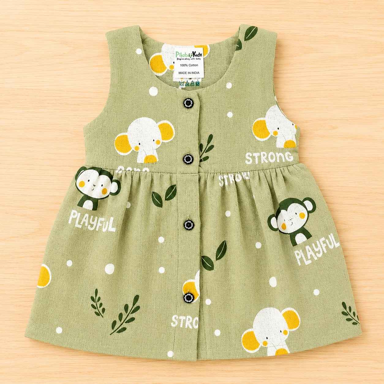 Muslin Button Sleeveless Frock - Olive Green