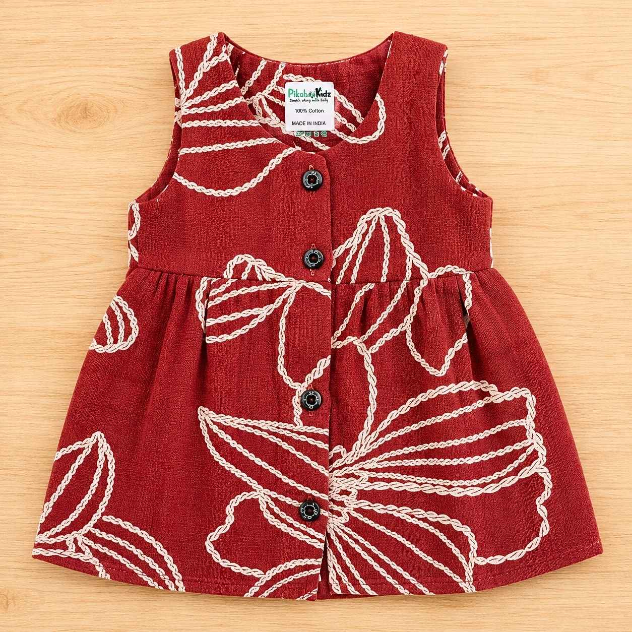 Muslin Button Sleeveless Frock - Maroon