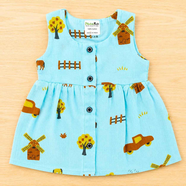 Muslin Button Sleeveless Frock - Blue farm
