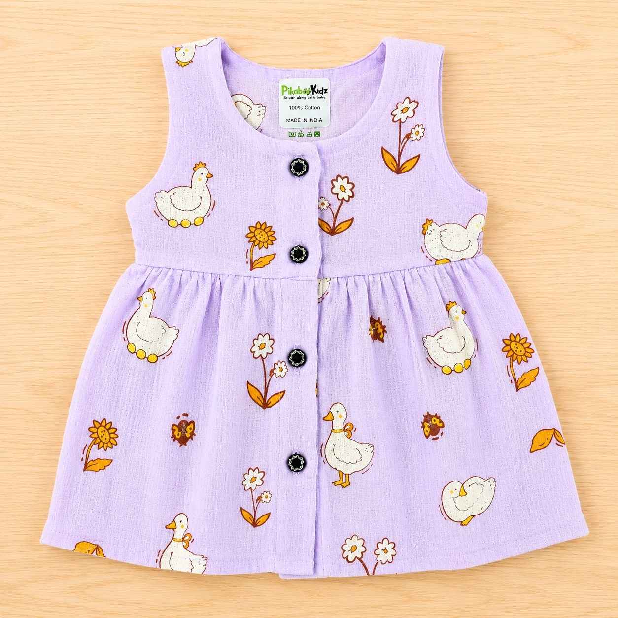 Muslin Button Sleeveless Frock - Purple birds
