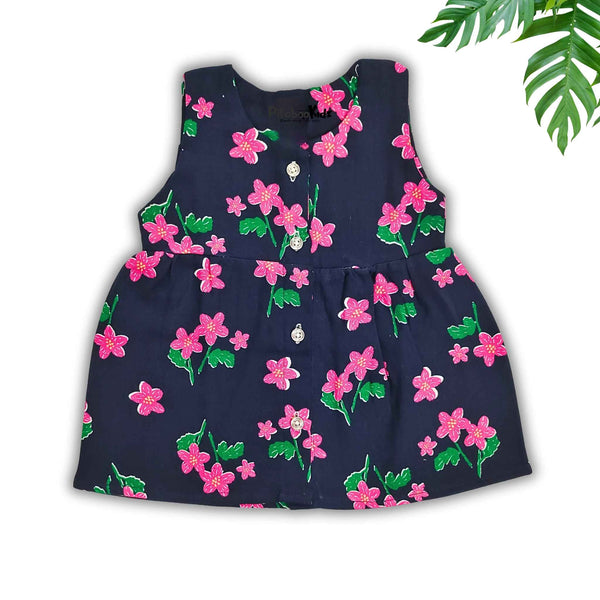 Muslin Button Sleeveless Frock - Pink flowers