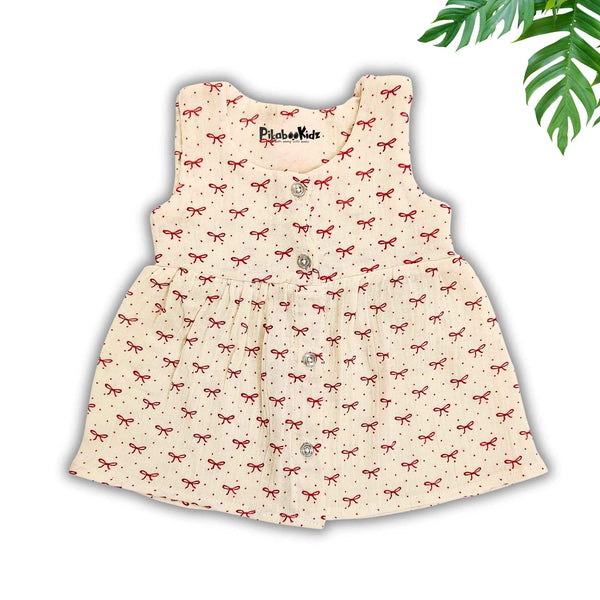 Muslin Button Sleeveless Frock - Red bows