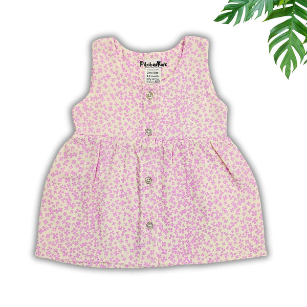 Muslin Button Sleeveless Frock - Tiny purple flowers