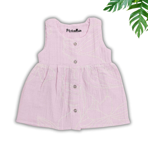 Muslin Button Sleeveless Frock - Pastel pink