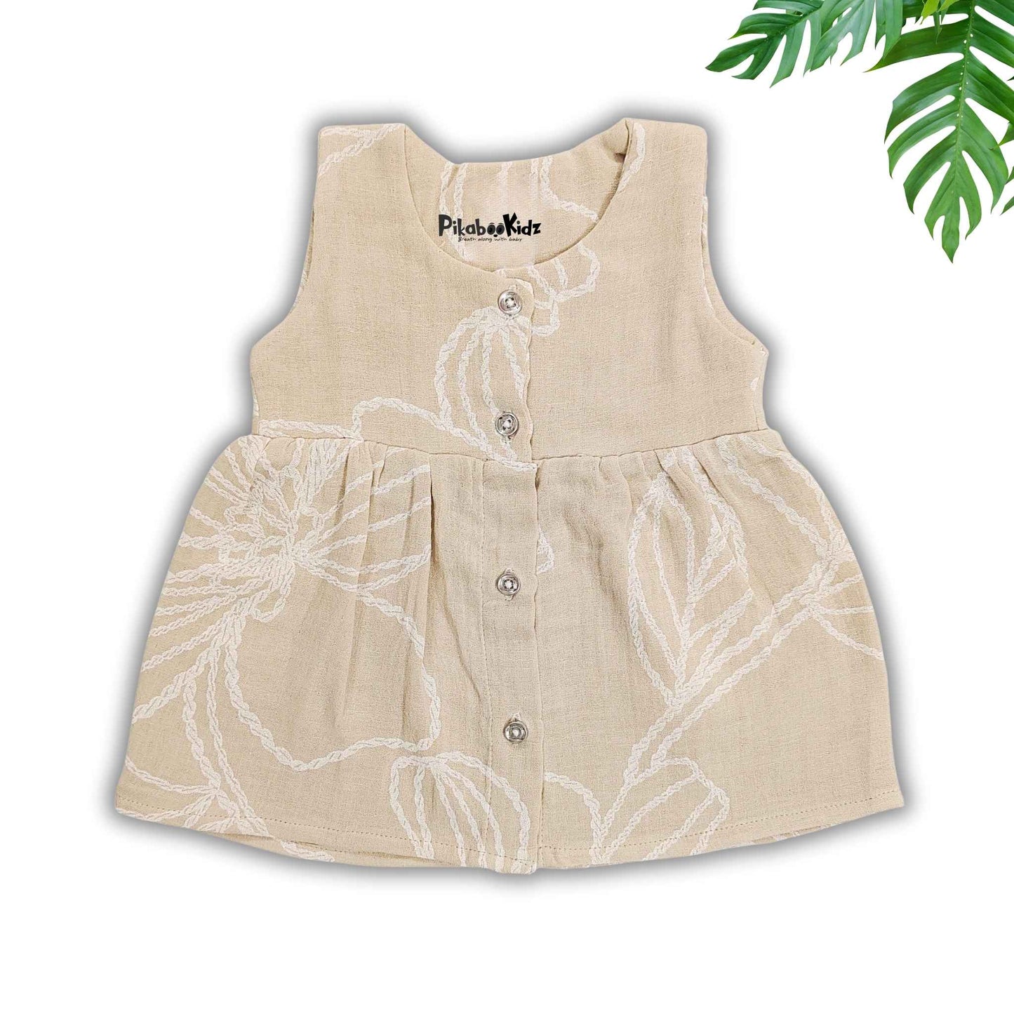 Muslin Button Sleeveless Frock - Beige flowers