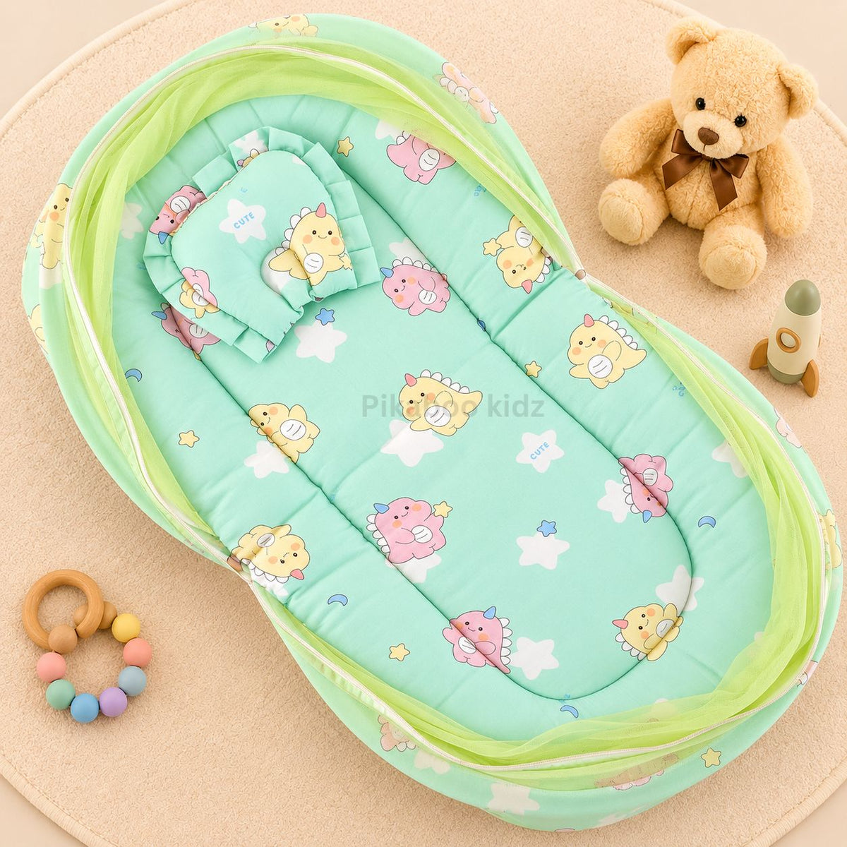 Muslin Carry Nest + Net Bed Combo - Green Dino