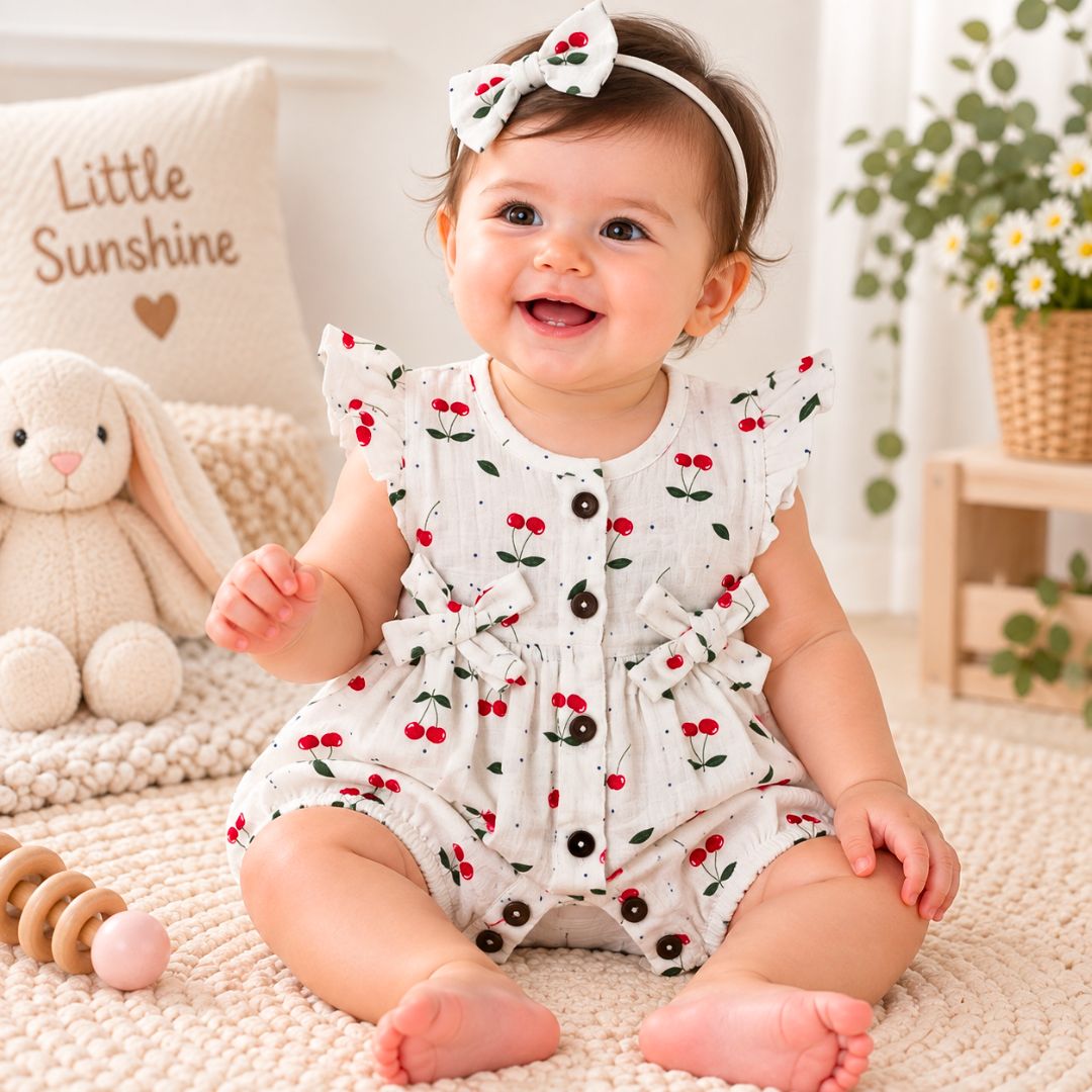 Baby Girl Muslin Romper | Cherry Print Cotton Romper