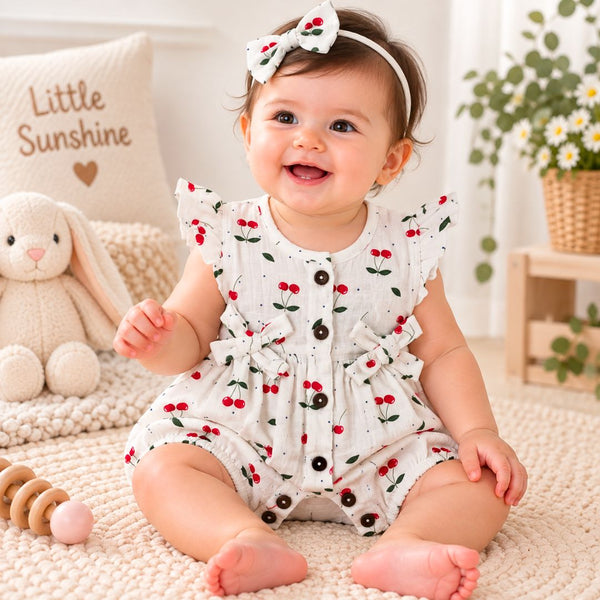Baby Girl Muslin Romper | Cherry Print Cotton Romper - alt view