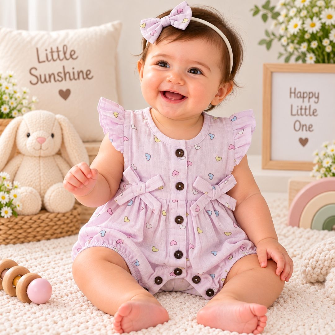 Baby Girl Muslin Romper | Pink hearts Print Cotton Romper