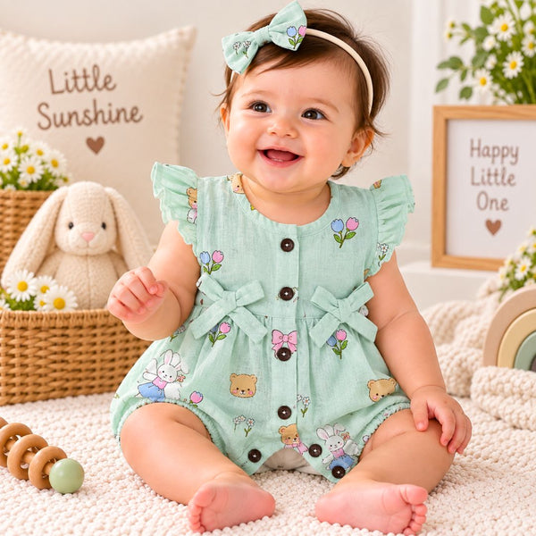 Baby Girl Muslin Romper | green teddy Print Cotton Romper - alt view